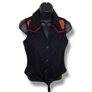 Y2K Small Hot Topic Rockabilly Western Shirt Rose Pinup Goth Skull Cropped